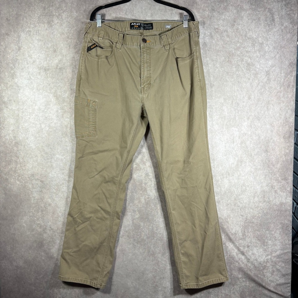 Ariat Rebar M4 Pants Mens 38x32 Khaki Made Tough Relaxed Straight Work Canvas